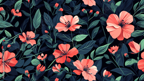 Seamless pattern of bright orange flowers with lush green leaves on a dark backdrop