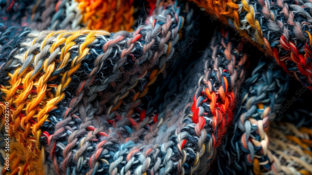 Detailed Macro View of Multicolored Knitted Texture.