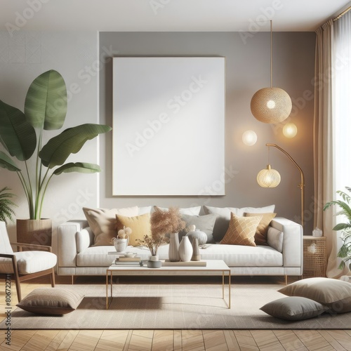 A living room with a template mockup poster empty white and with a couch and a coffee table image realistic card design.