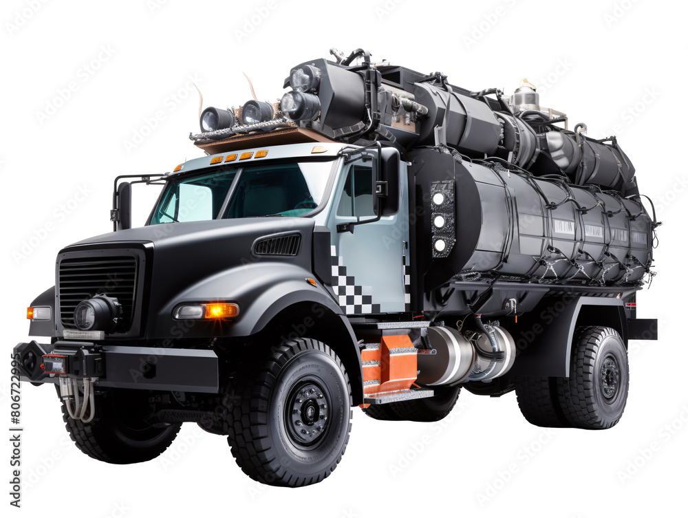 a black truck with a large tank on top