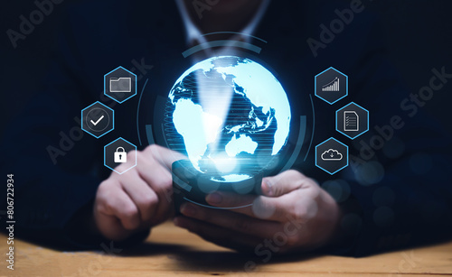 Businessman using smartphone with virtual world global internet connection, online sharing information data within storage cloud technology, sharing folder files on finance business strategy ideas.