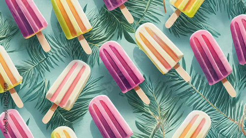 colorful popsicle pattern against plant background photo