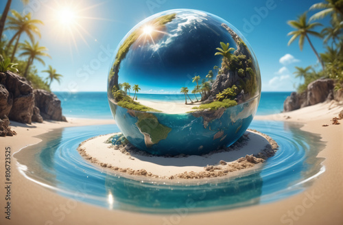 on the eve of your vacation, your journey is in your hands, a transparent globe with a paradise tropical beach, sea. Design for banner, postcard, tourism product photo