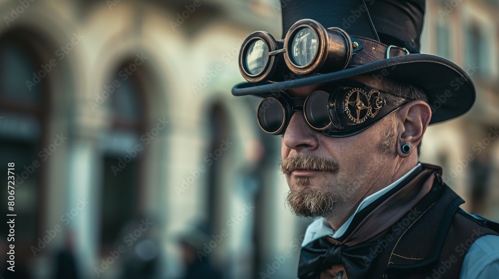 The face of a man wearing a steampunk hat The face of a man wearing a steampunk hat