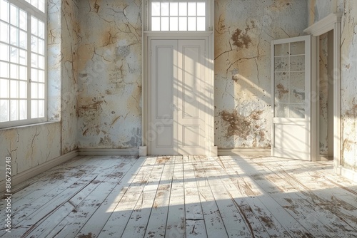 old spacious room with large windows and play of light on walls with crumbling plaster in an abandoned house  the concept of decline of former prosperity