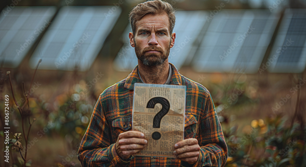 A man with a beard holding a newspaper with a question mark in front of ...