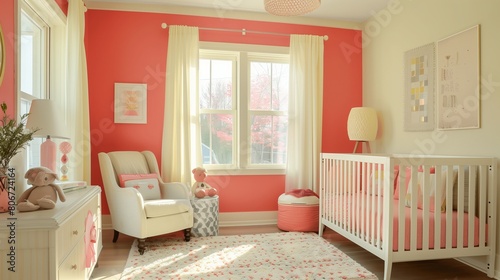 Coral accent wall in a pale yellow nursery with pale yellow furniture and coral accessories.