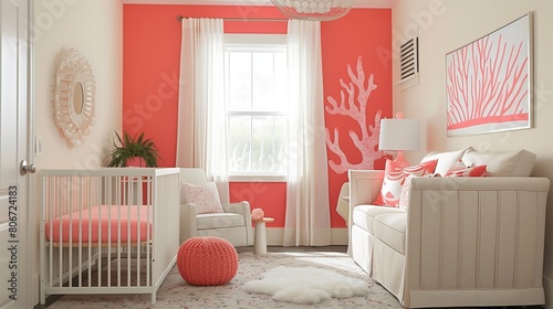 Coral accent wall in a pale yellow nursery with pale yellow furniture and coral accents.