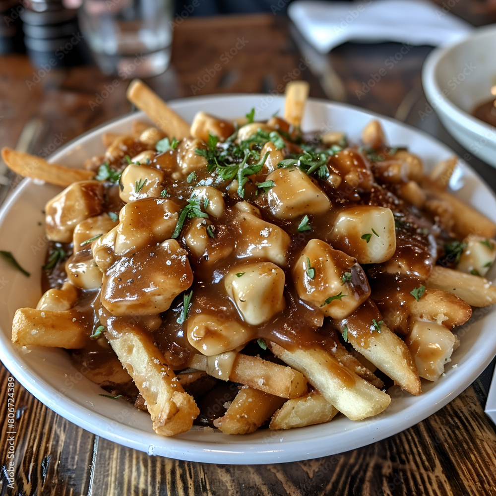 Canadian Poutine food dish with French fries and chees Mouthwatering Poutine with Cheese Canadian Poutine food dish with French fries and chees Mouthwatering Poutine with Cheese