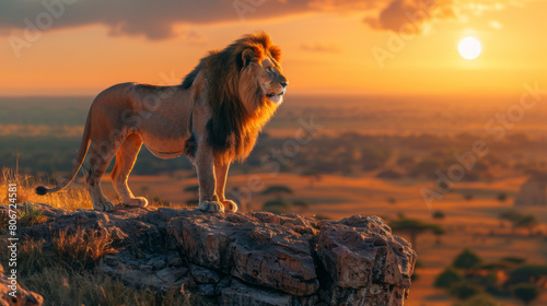 A majestic lion stands atop a rocky cliff, gazing over the African plains as the sun sets in the background. photo