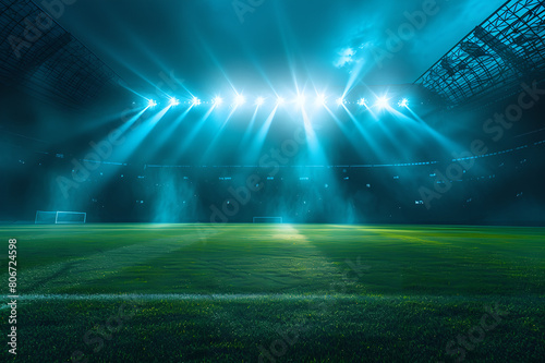 spotlight beams are on the ground of  soccer stadium illuminating field of play at night  dramatic sports lighting  athletic competition  no people  empty copy space for messages   logos  show product