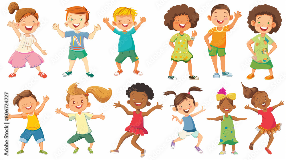 Happy kids cartoon collection. Multicultural children in different positions isolated on white background. Simple illustration. Happy children, multiracial group. Design elements. Happy kids cartoon collection. Multicultural children in different positions isolated on white background. Simple illustration. Happy children, multiracial group. Design elements.