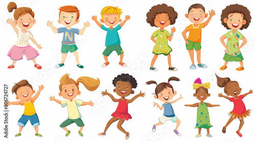 Happy kids cartoon collection. Multicultural children in different positions isolated on white background. Simple illustration. Happy children  multiracial group. Design elements.