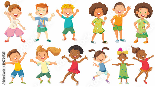 Happy kids cartoon collection. Multicultural children in different positions isolated on white background. Simple illustration. Happy children, multiracial group. Design elements.