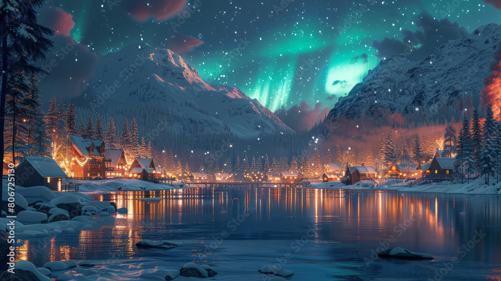 a norwegan norse style artwork of a snowy town, northern lights, forest and lake in background,generative ai
