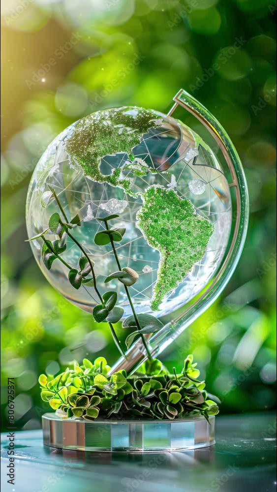 Crystal globe with sustainable development and ESG icon for environment social, governance, and business cooperation for World sustainable environment social governance concept. Earth Day Crystal globe with sustainable development and ESG icon for environment social, governance, and business cooperation for World sustainable environment social governance concept. Earth Day