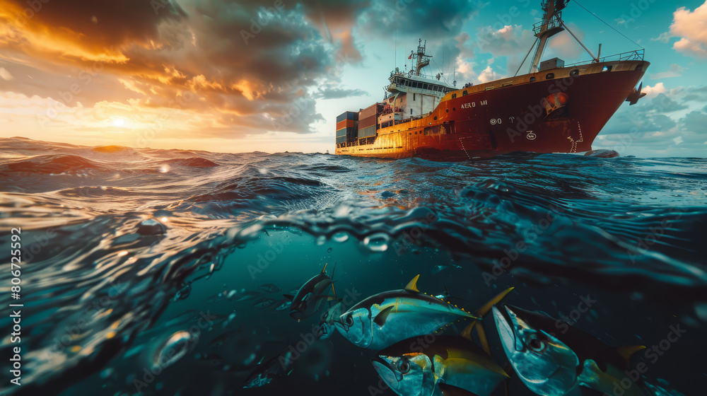 Naklejka premium A majestic cargo ship navigates turquoise ocean waters, teeming with school of fish below, under a blue sky with fluffy clouds..