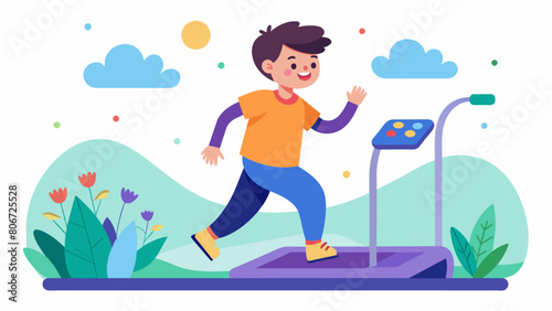A nonverbal individual with autism happily engages with a sensory treadmill feeling the vibrations and changing terrain.. Vector illustration
