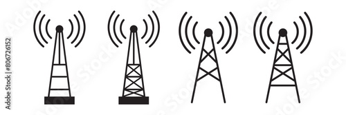 Radio tower icon set. Radio tower, mast with radio waves. Radio antenna vector.