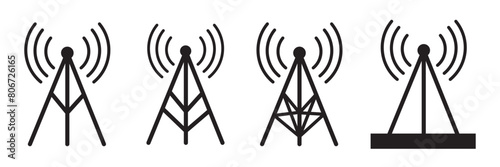 Radio tower icon set. Radio tower, mast with radio waves. Radio antenna vector.