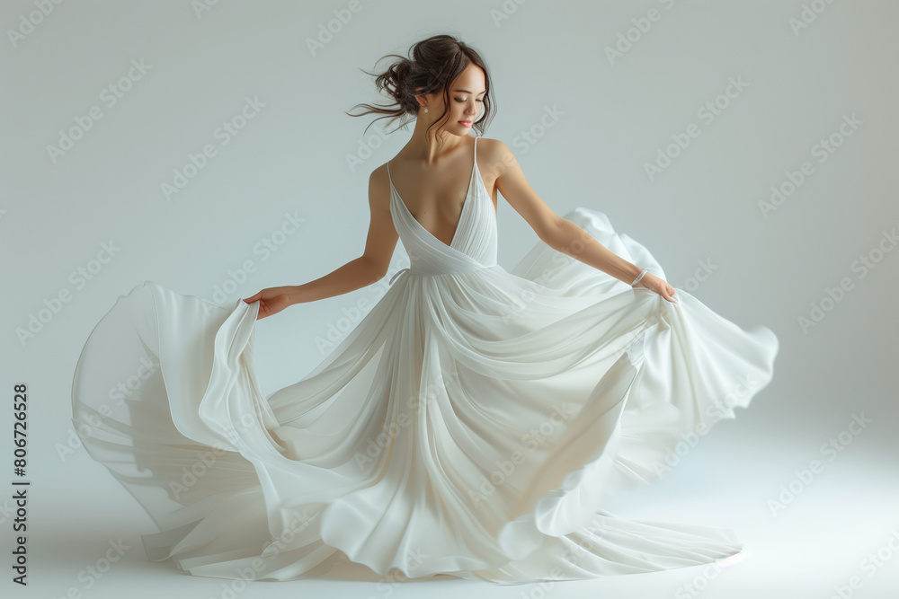 Graceful Bride in White Wedding Dress Dancing in Studio. Graceful Bride in White Wedding Dress Dancing in Studio.