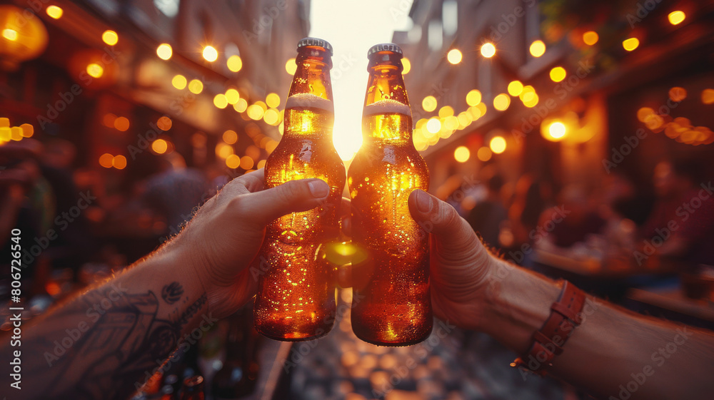 Obraz premium hands in the air raising beer bottles in a nightclub,generative ai