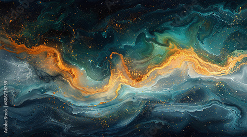 Abstract painting with swirling patterns of orange, green, and blue resembling a cosmic scene.