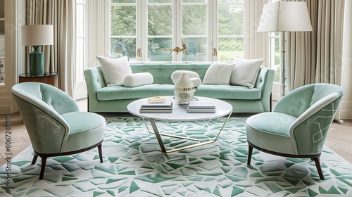 Ivory area rug with mint green geometric patterns paired with mint green upholstered chairs.