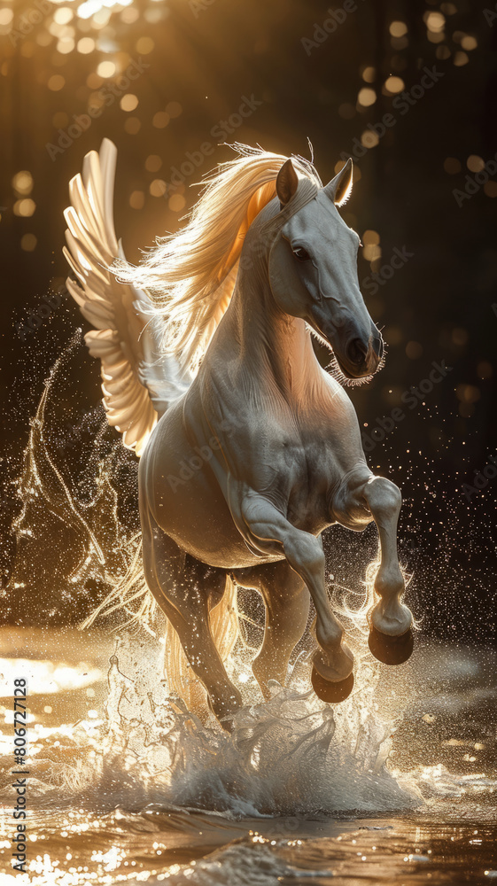 white stallion rearing back with wings straight on view beautiful lighting,generative ai white stallion rearing back with wings straight on view beautiful lighting,generative ai