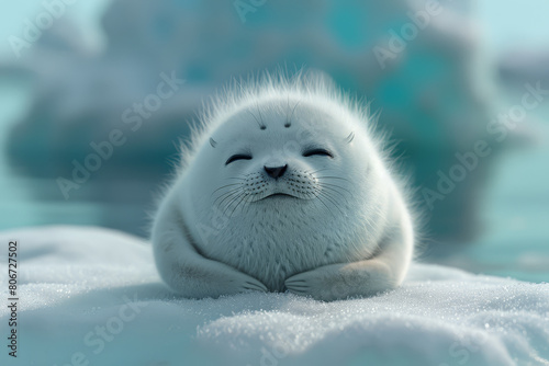 A peaceful seal pup dozes on a glistening ice floe under the soft glow of polar sunlight.. photo