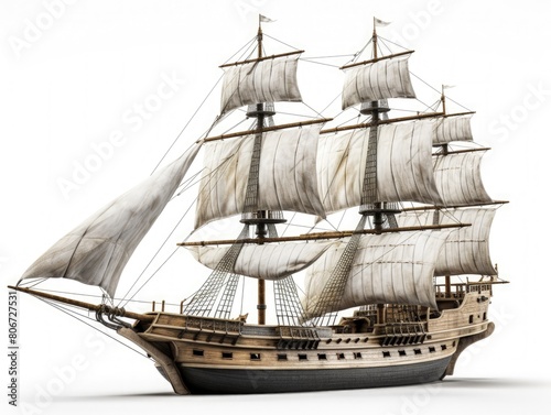 Vintage sailboat, sail ship isolated on white background.