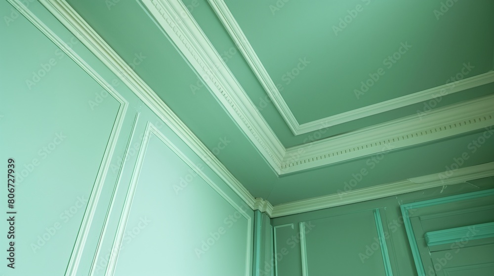 Fototapeta premium Ivory walls with mint green wainscoting and mint green ceiling with ivory crown molding.