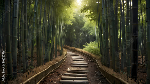 A narrow path winding through a dense bamboo forest.