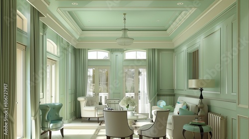 Ivory walls with mint green wainscoting and mint green ceiling with ivory crown molding.