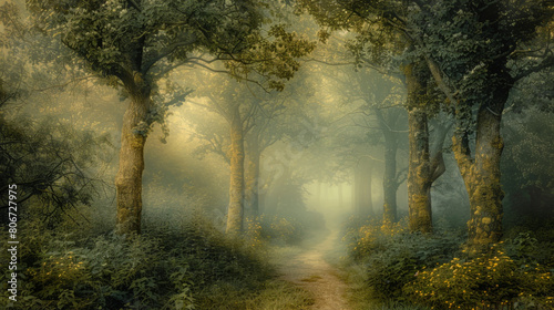 Mystical forest path illuminated by a soft sunrise light  creating an enchanting and serene atmosphere.