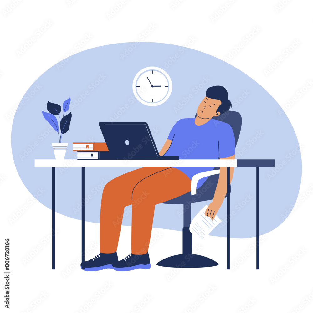 Tired employee sitting at work. Flat vector illustration Tired employee sitting at work. Flat vector illustration