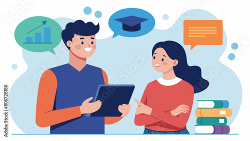A young couple plans for their future together discussing the possibility of taking advantage of the student loan tax deduction to help alleviate. Vector illustration