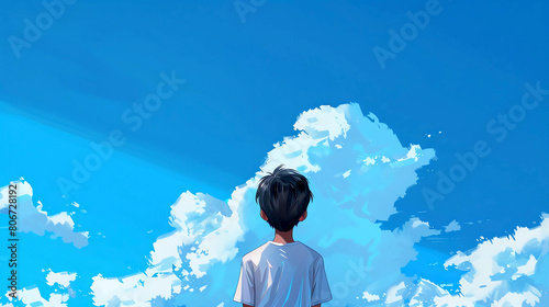 Animation Style Image of a Young Boy Looking at a Large Cloud photo