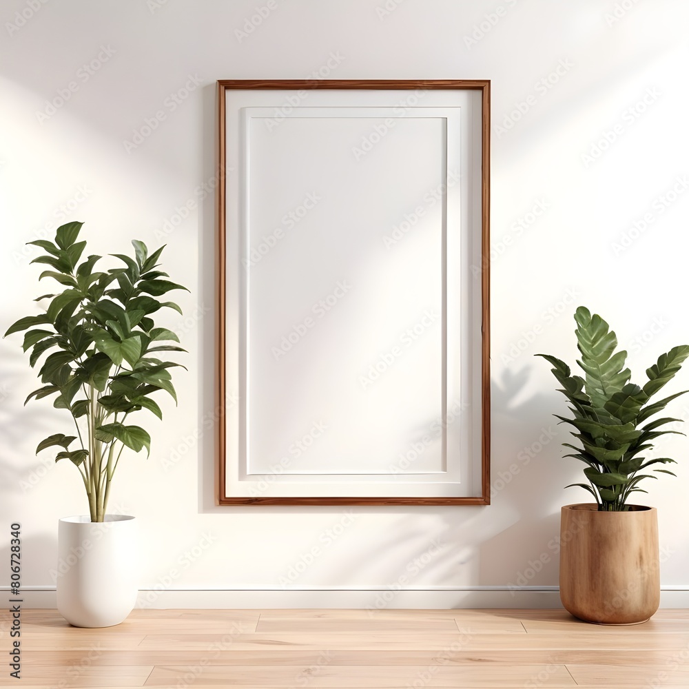 Picture frame mockup poster template on the white wall in the living room with plants, 3d render