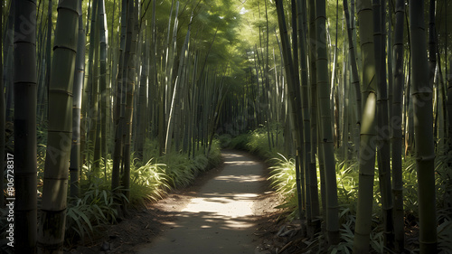 A narrow path winding through a dense bamboo forest.