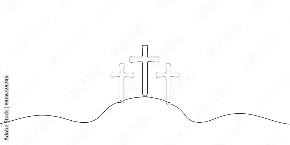 Naklejka premium Calvary hill with three crosses. Religious christian symbol. Continuous line hand drawn. Cross vector illustration