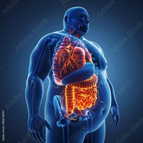 Interactive 3D graphic of the human body with areas affected by obesity highlighted, including heart, liver, and arteries