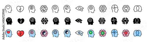 Mental Health Icons Set. Linear, silhouette and flat style. Vector icons