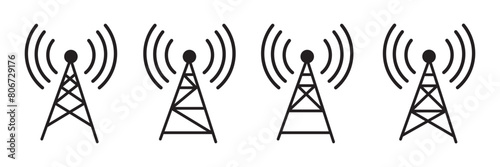 Antenna icon set. Radio antenna icon. Communication towers collection. Radio tower icons. Transmitter receiver wireless signal icons. Vector EPS 10