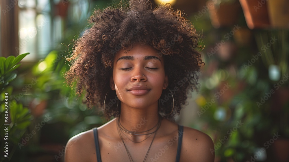 Achieve inner peace with deep breathing and a young lady surrounded by lush foliage in a tranquil garden. Achieve inner peace with deep breathing and a young lady surrounded by lush foliage in a tranquil garden.