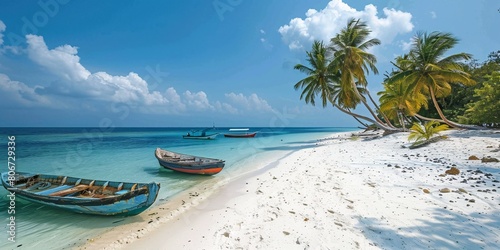 A paradise island with ivory beaches and watercraft.