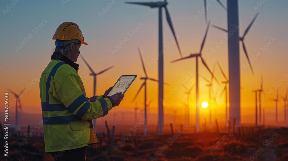 Naklejka premium Engineer in safety gear using a tablet to monitor wind turbines at a wind farm during a beautiful sunrise.