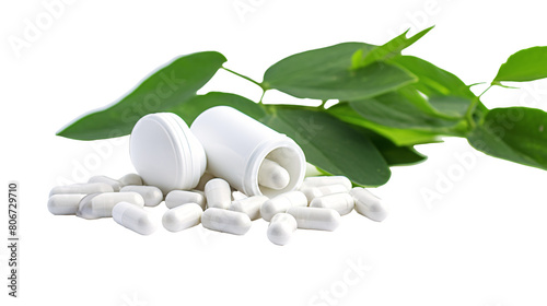 a group of white pills and green leaves
