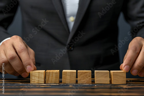 Businessman in suit and wooden blocks
