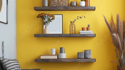 Mustard yellow accent wall with slate gray floating shelves and slate gray accent decor.